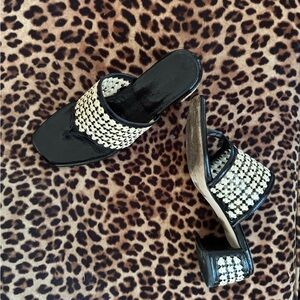 Tory Burch Black and Cream Woven Raffia Sandals